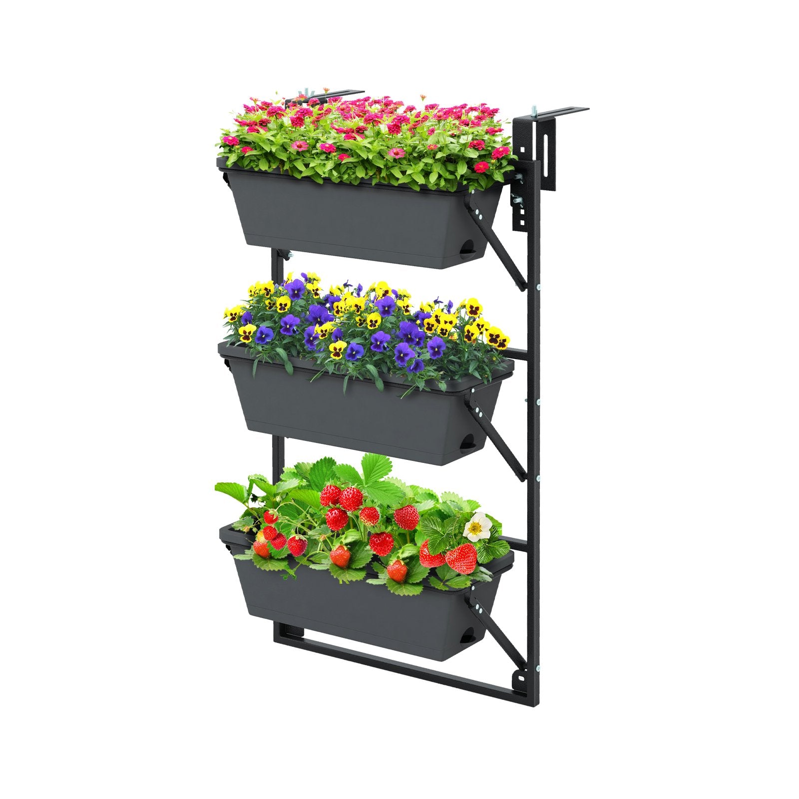 Black wall-mounted vertical garden planter with adjustable height and detachable hooks for outdoor garden use.