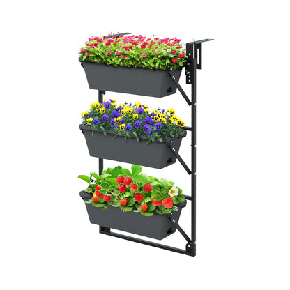 Black wall-mounted vertical garden planter with adjustable height and detachable hooks for outdoor garden use.