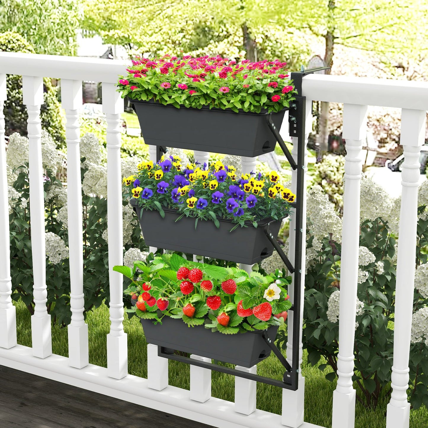 Black hanging vertical planter with adjustable height and detachable hooks, suitable for outdoor garden walls.
