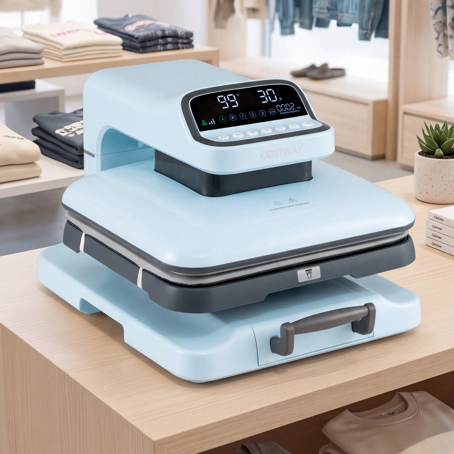 Blue heat press machine with auto release for T-shirts, ideal for custom printing, by Direct by Wilsons Home Store.
