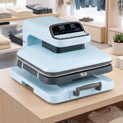 Blue heat press machine with auto release for T-shirts, ideal for custom printing, by Direct by Wilsons Home Store.