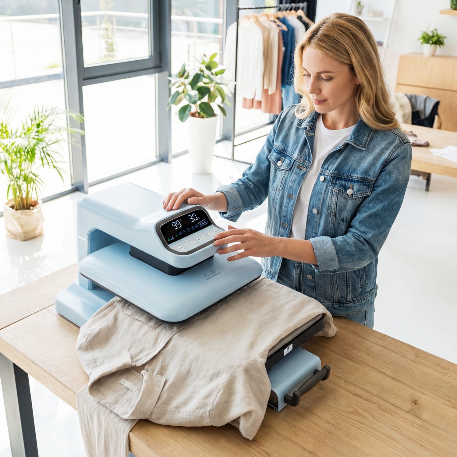 Blue heat press machine with auto release for T-shirts, used for heat transfer printing, from Direct by Wilsons Home Store.