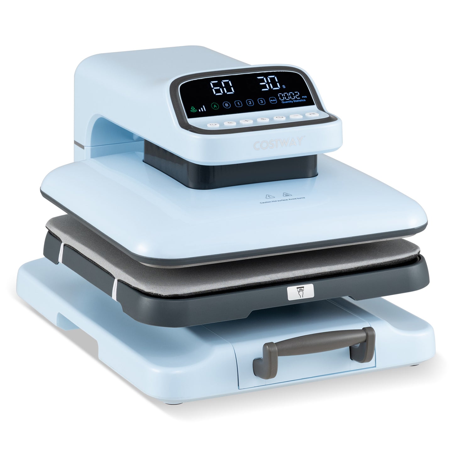 Blue heat press machine with auto release for T-shirts, ideal for home garment transfers, from Direct by Wilsons Home Store.