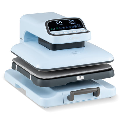 Blue heat press machine with auto release for T-shirts, ideal for home garment transfers, from Direct by Wilsons Home Store.