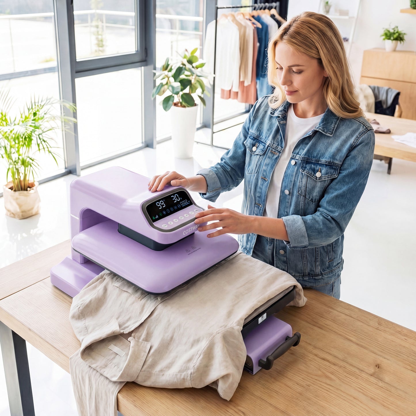 Blue heat press machine with auto release for T-shirts, used for transferring designs on apparel, by Direct Wilsons Home Store.