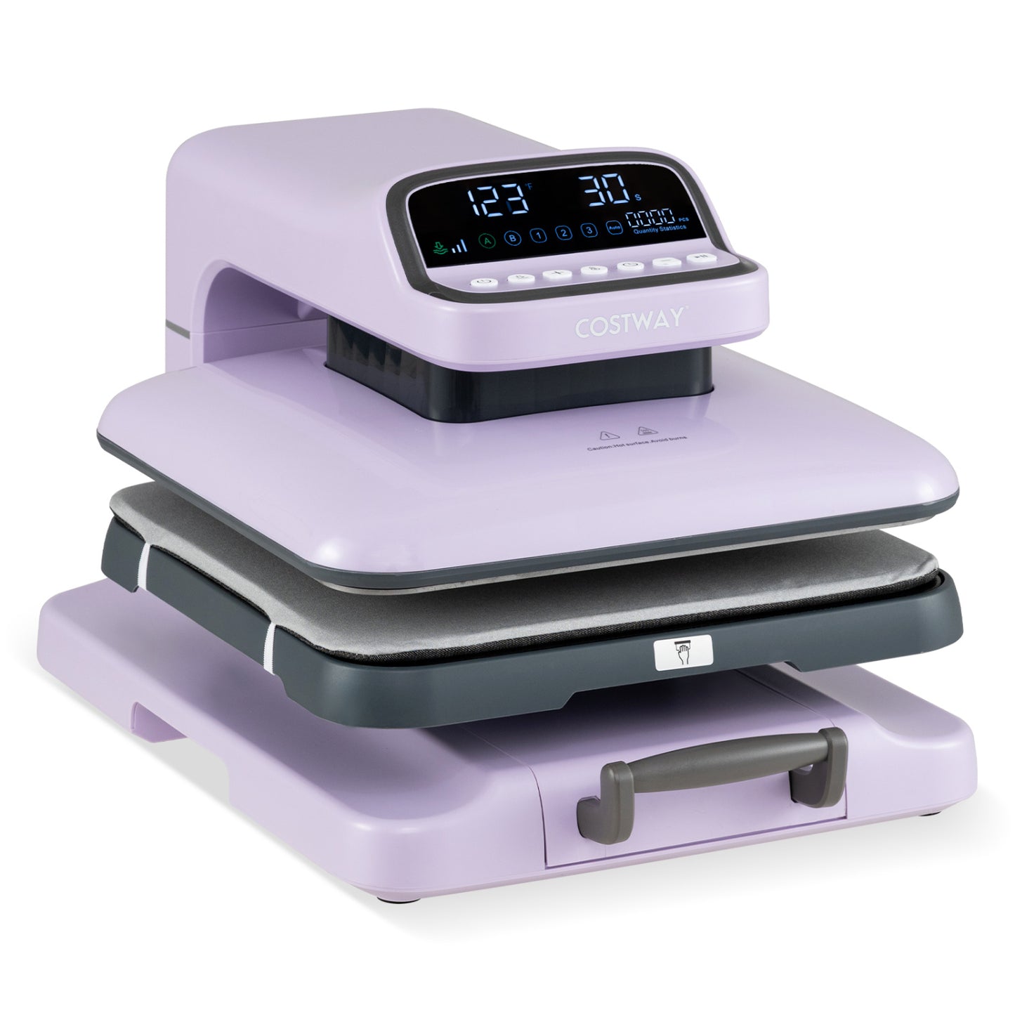 Blue heat press machine with auto release for T-shirts, ideal for DIY fabric transfers and custom apparel.