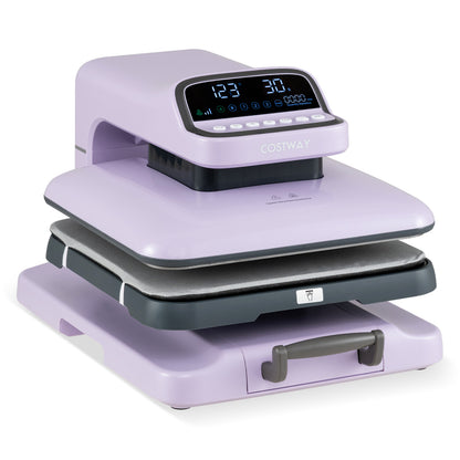 Blue heat press machine with auto release for T-shirts, ideal for DIY fabric transfers and custom apparel.