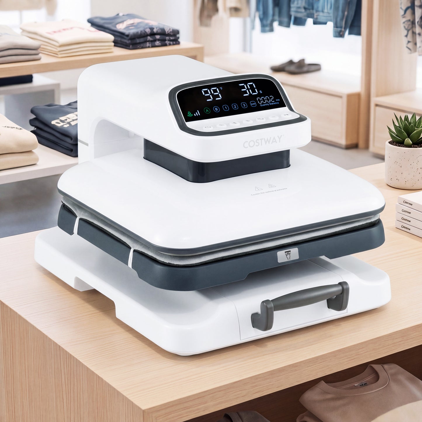 Blue heat press machine with auto release for T-shirts, used for transferring designs on fabric, by Direct by Wilsons Home Store.