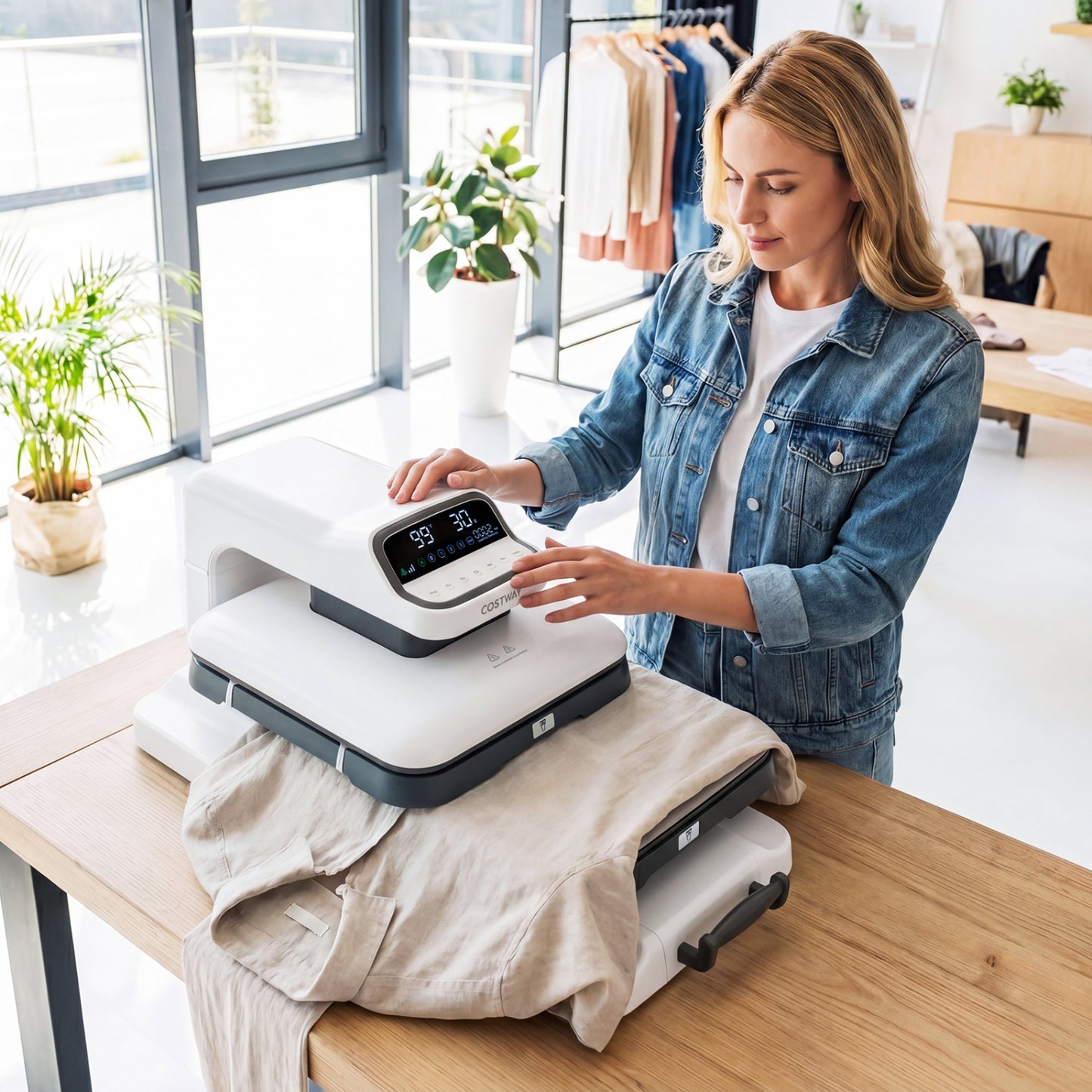 Blue heat press machine with auto release for T-shirts, ideal for customizing apparel, by Wilsons Home Store.