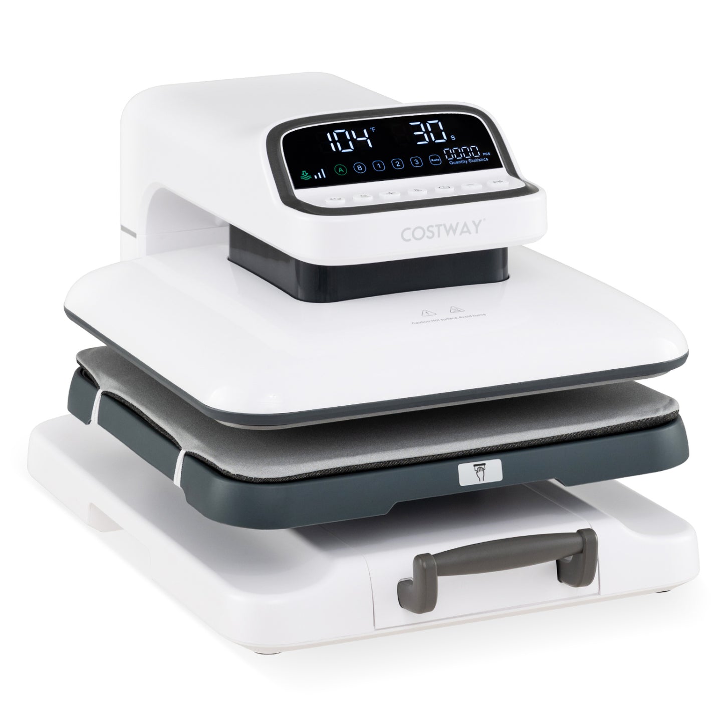 Blue heat press machine with auto release for T-shirts, used for heat transfer printing, by Direct by Wilsons Home Store.