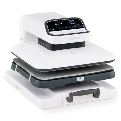 Blue heat press machine with auto release for T-shirts, used for heat transfer printing, by Direct by Wilsons Home Store.