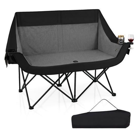 Black heated double camping chair with four heating zones and wine glass holders, designed for outdoor camping comfort.