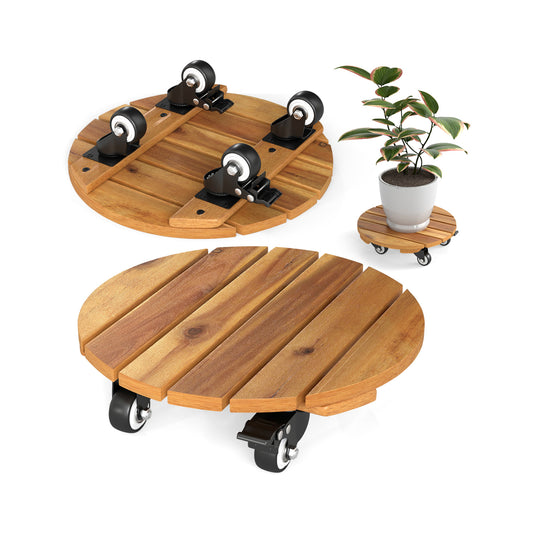 Heavy Duty Acacia Wood Rolling Plant Stand with 360° Lockable Casters-Set of 2