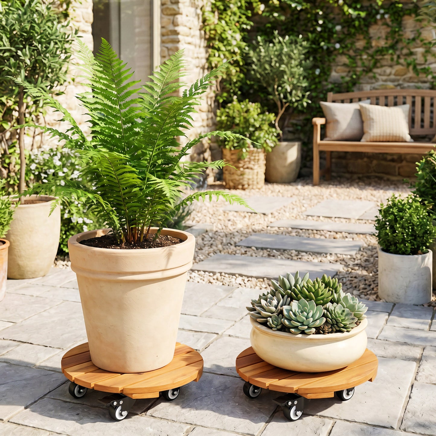 Heavy-duty acacia wood rolling plant stand with 360° lockable casters, set of 2, ideal for outdoor garden plant display.