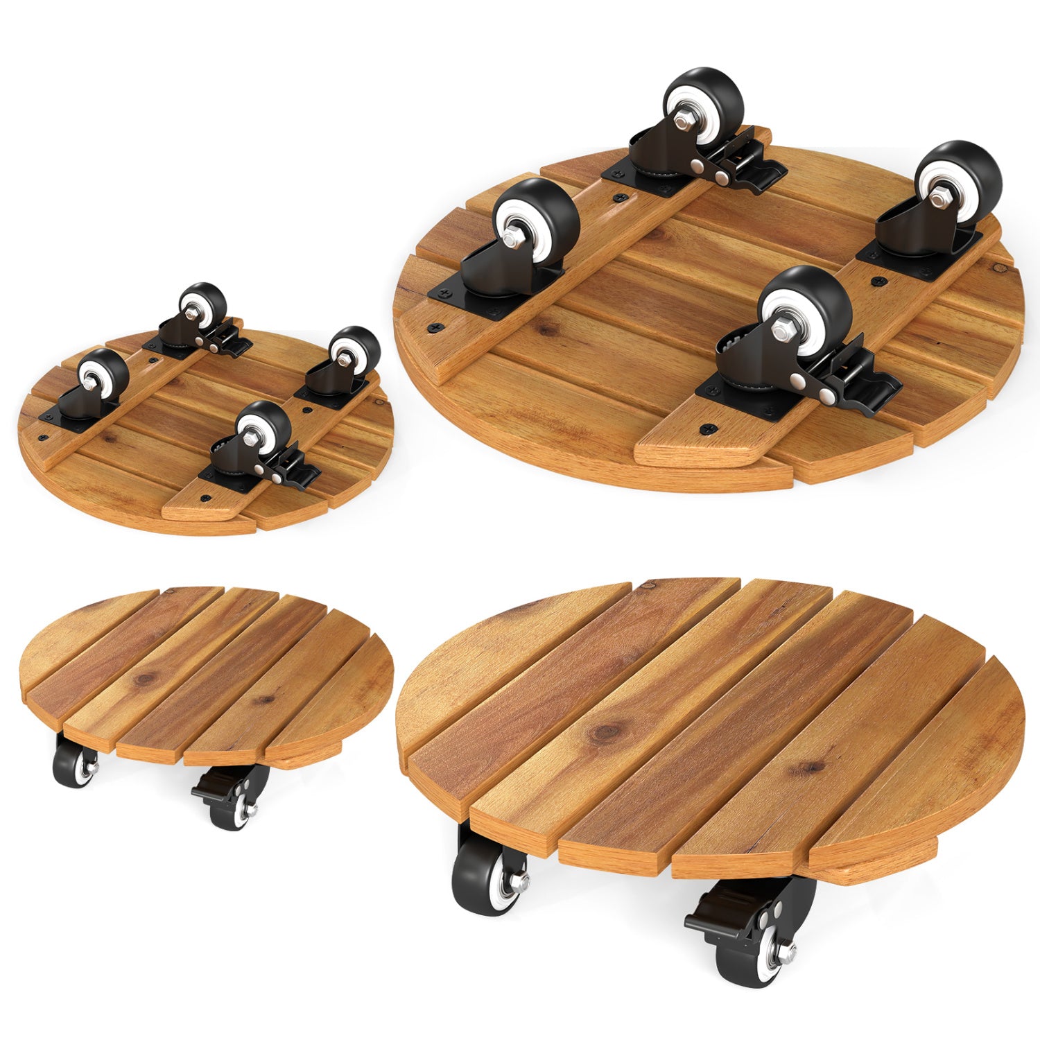 Set of 2 heavy-duty acacia wood rolling plant stands with 360° lockable casters for outdoor garden display.