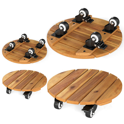 Set of 2 heavy-duty acacia wood rolling plant stands with 360° lockable casters for outdoor garden display.