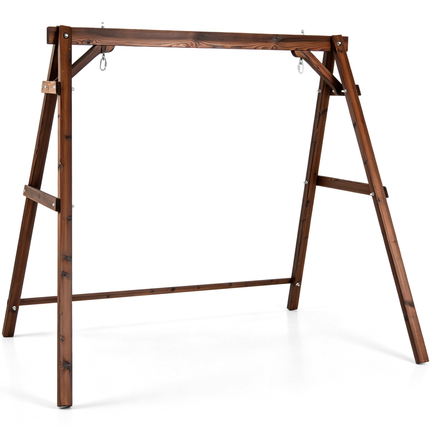 Heavy-duty brown carbonized fir wood swing frame with reinforced bars and two hanging rings for outdoor porch seating.