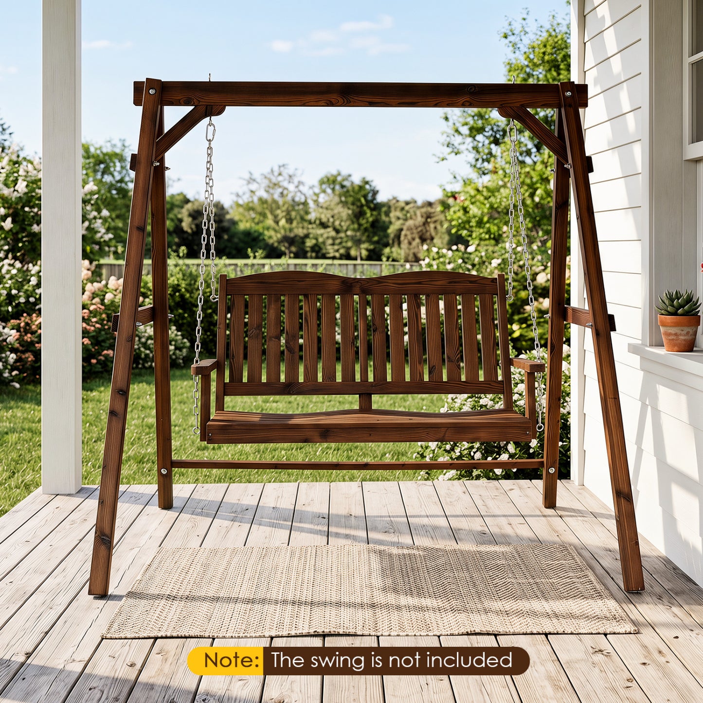 Heavy-duty carbonized fir wood swing frame with reinforced bars and hanging rings, ideal for outdoor porch seating.