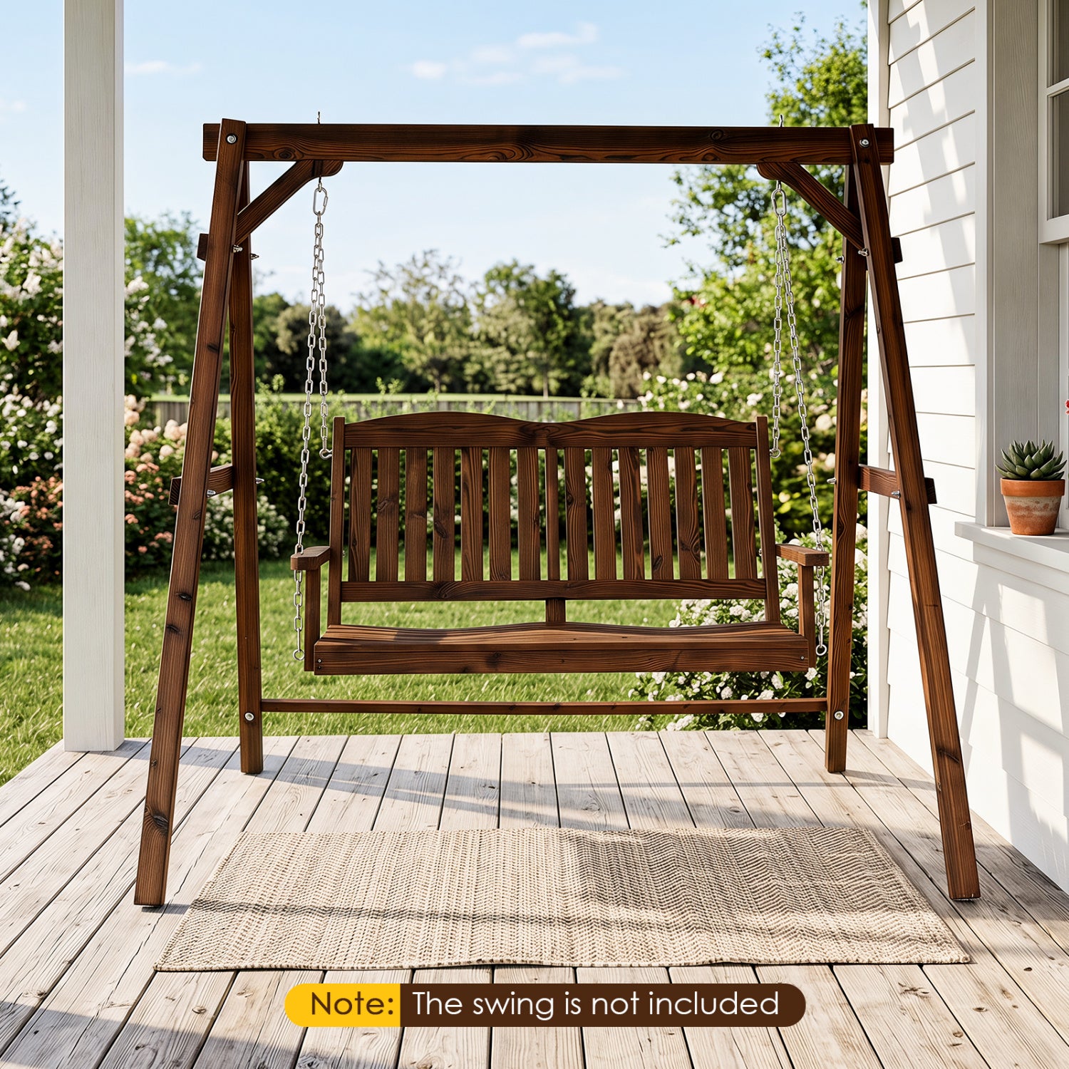 Heavy-duty carbonized fir wood swing frame with reinforced bars and hanging rings, ideal for outdoor porch seating.
