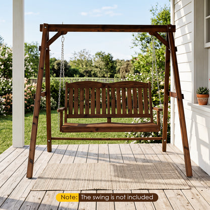 Heavy-duty carbonized fir wood swing frame with reinforced bars and hanging rings, ideal for outdoor porch seating.