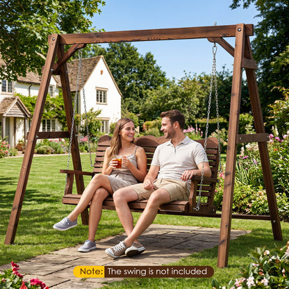 Heavy-duty brown carbonized fir wood swing frame with reinforced bars and hanging rings for outdoor porch seating.