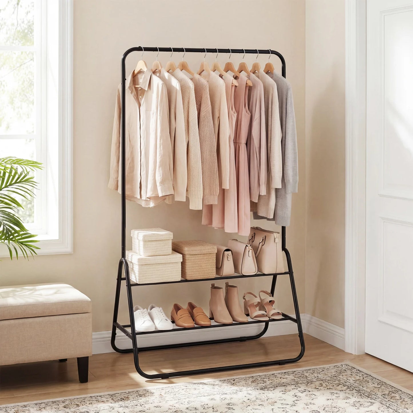 Heavy Duty Clothes Rack with Hanging Rod and Storage Shelves-Black