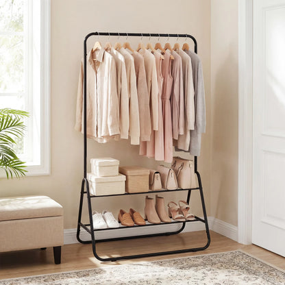 Heavy Duty Clothes Rack with Hanging Rod and Storage Shelves-Black