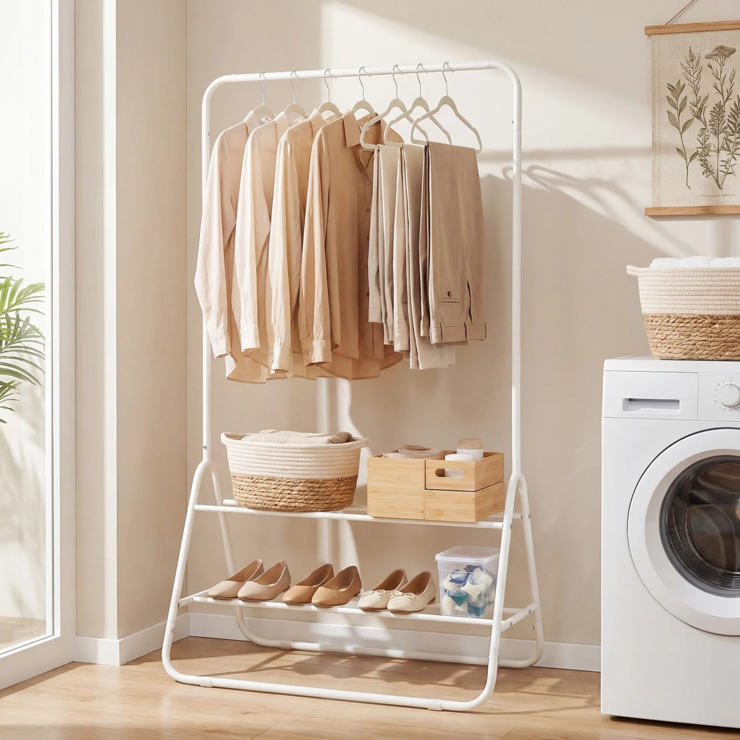 Heavy Duty Clothes Rack with Hanging Rod and Storage Shelves-Black