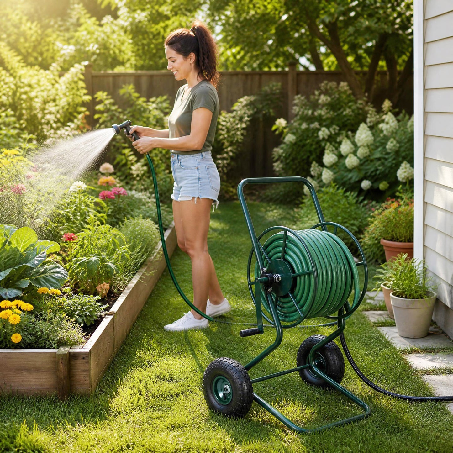 Heavy Duty Garden Hose Reel Cart Holds up to 300 FT of 5/8" Hose-Green