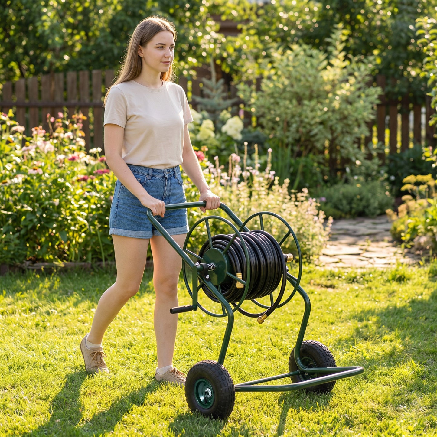 Heavy Duty Garden Hose Reel Cart Holds up to 300 FT of 5/8" Hose-Green