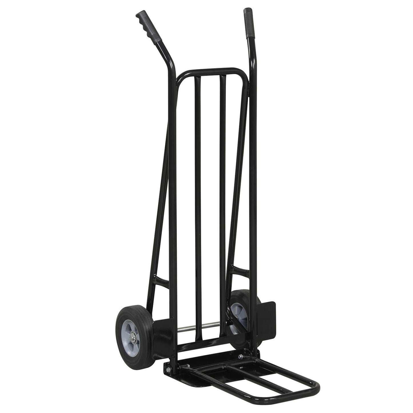 Black heavy-duty hand truck dolly with dual foldable nose plates, designed for outdoor storage and garage use.
