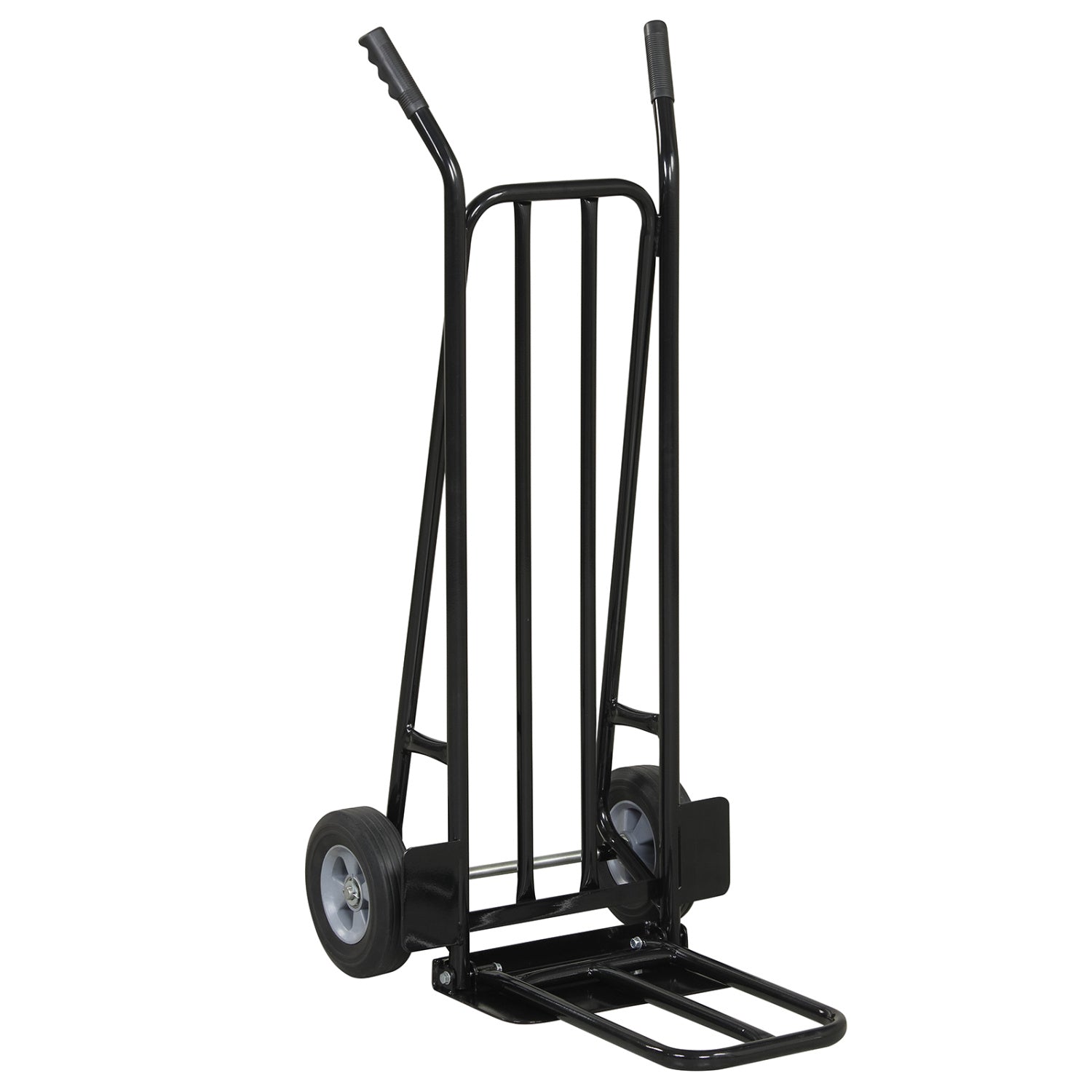 Black heavy-duty hand truck dolly with dual foldable nose plates, designed for outdoor storage and garage use.