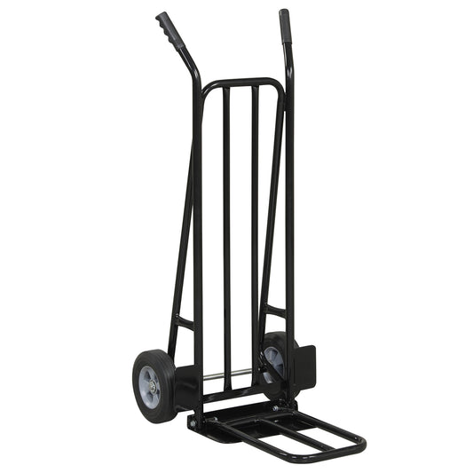 Black heavy-duty hand truck dolly with dual foldable nose plates, designed for outdoor storage and garage use.