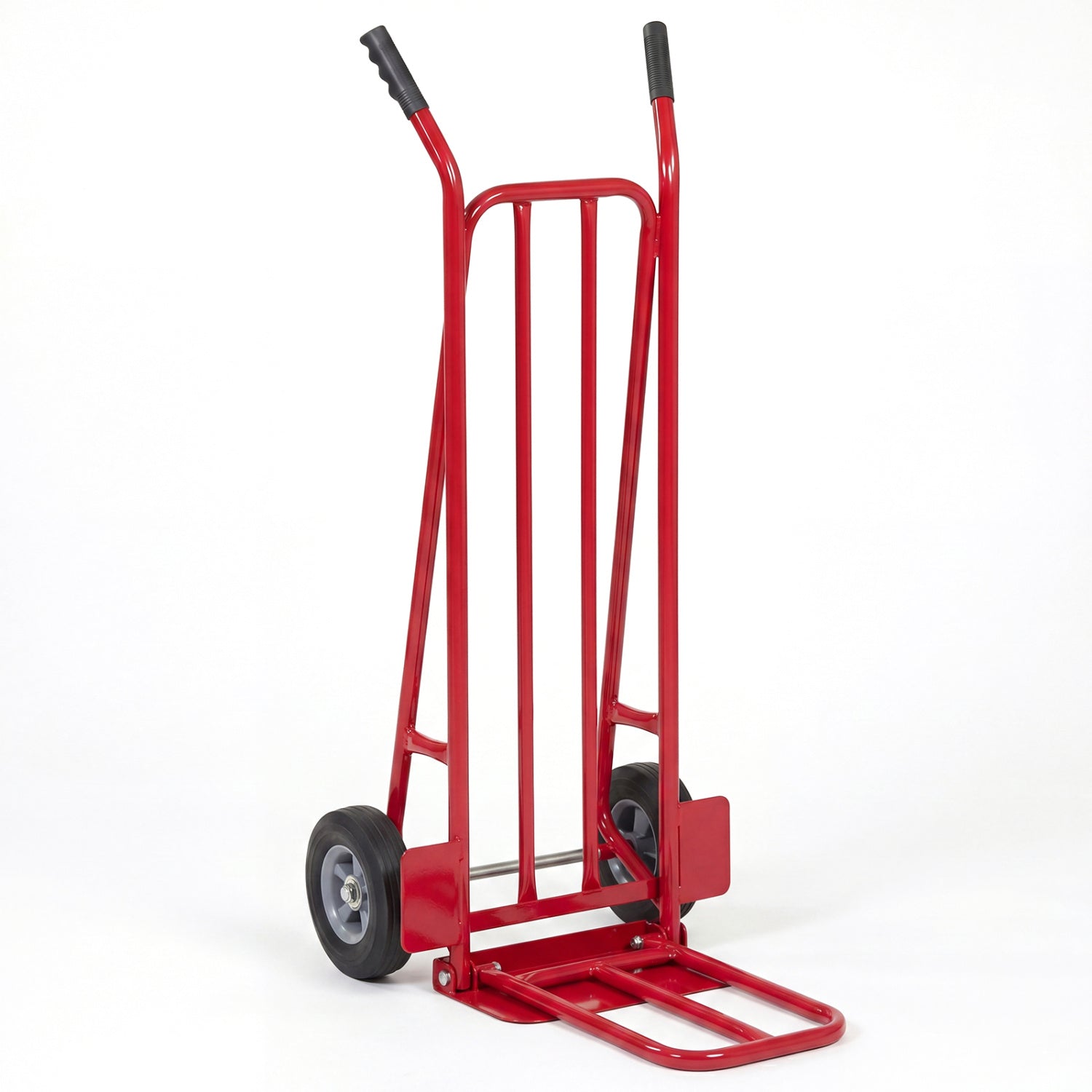Heavy-duty black hand truck dolly with dual foldable nose plates, ideal for outdoor storage and garage use.
