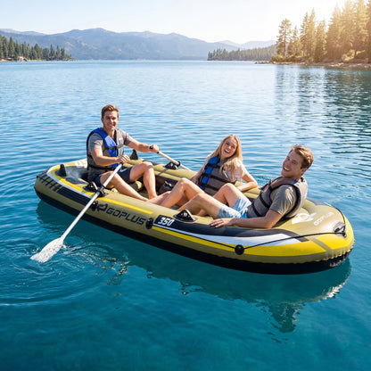 Green heavy-duty inflatable boat for four persons, ideal for fishing and water sports, by Direct by Wilsons Home Store.