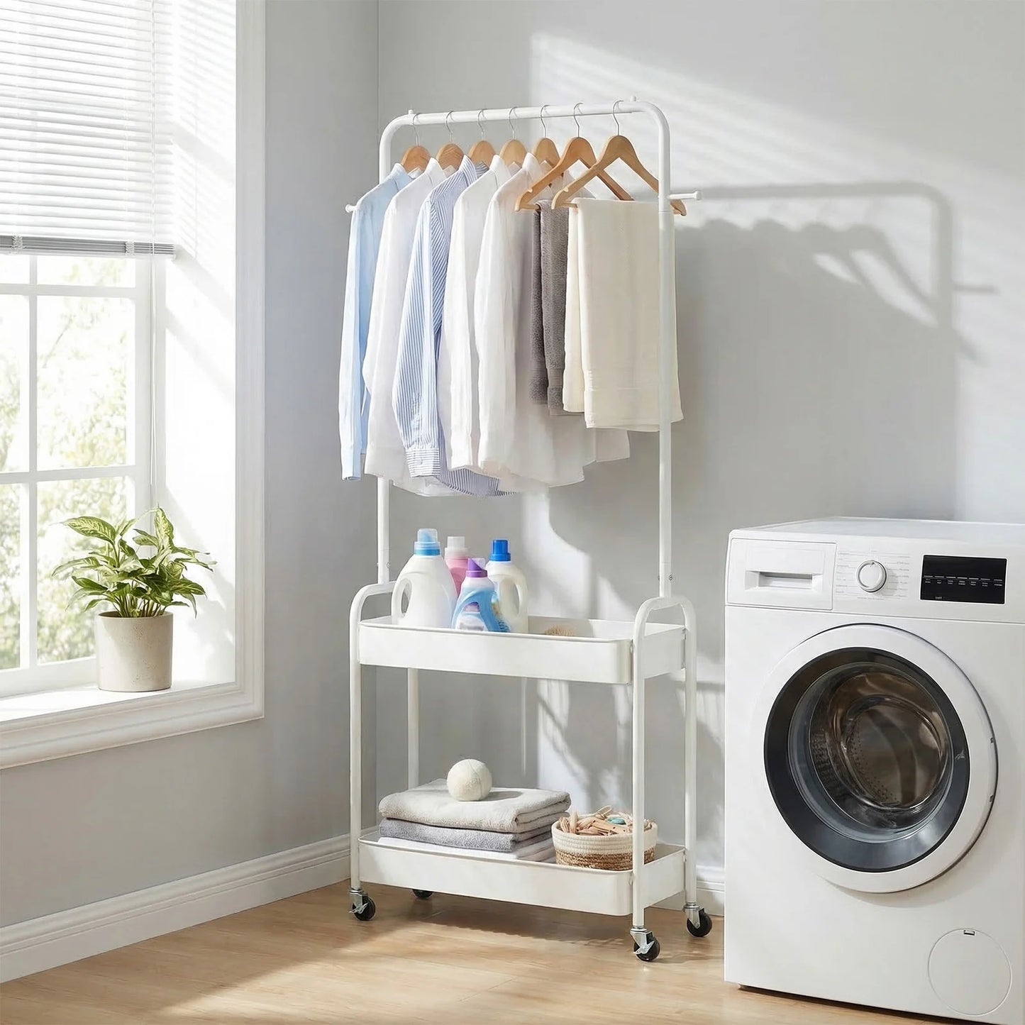 Heavy-Duty Laundry Cart with Hanging Rod and 2 Storage Baskets for Bedroom-Black