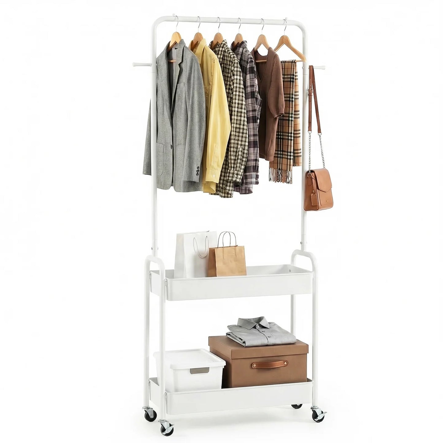 Heavy-Duty Laundry Cart with Hanging Rod and 2 Storage Baskets for Bedroom-Black