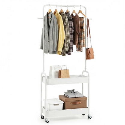 Heavy-Duty Laundry Cart with Hanging Rod and 2 Storage Baskets for Bedroom-Black