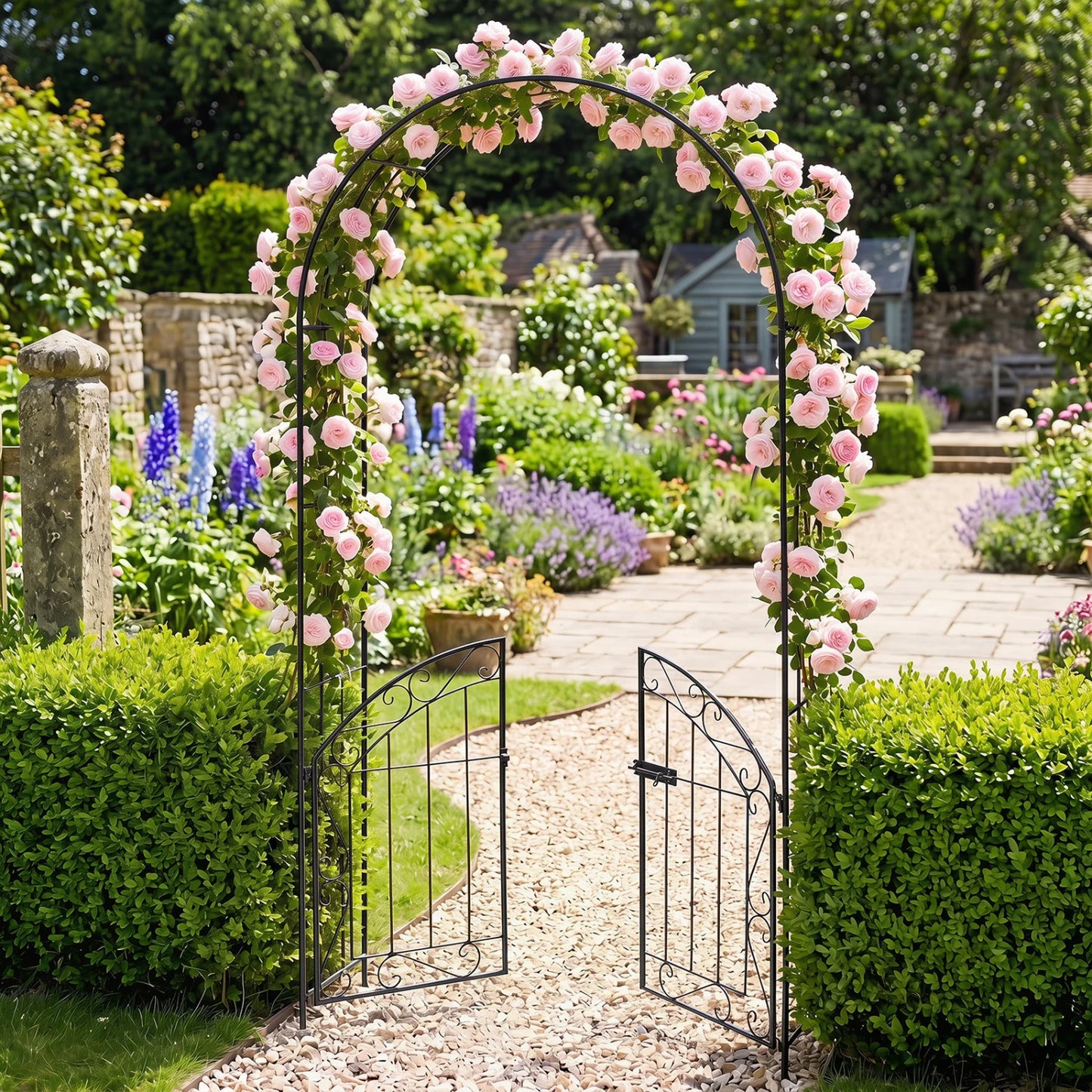Black heavy-duty metal garden arch with gate and safety latch, ideal for outdoor garden arbors, by Wilsons Home Store