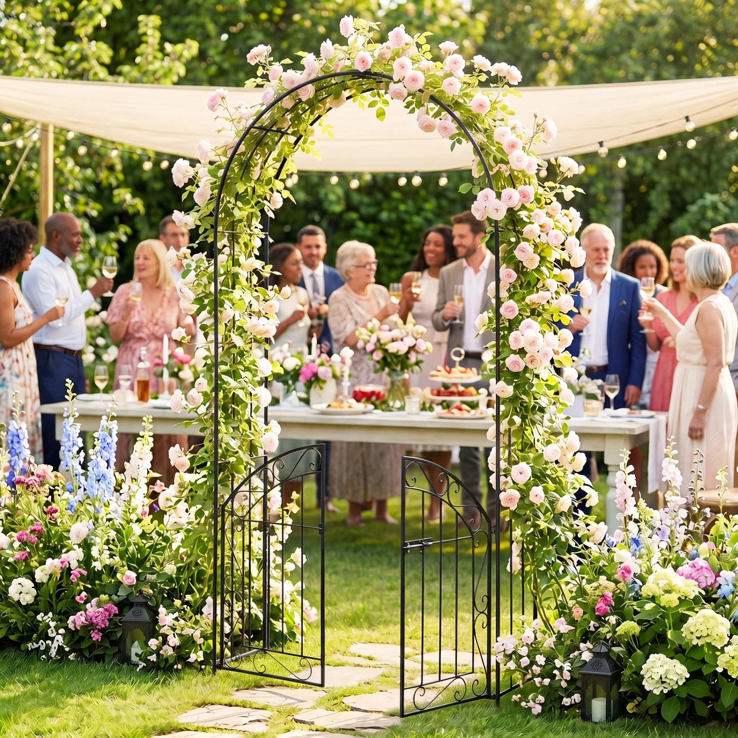 Heavy-duty black metal garden arch with gate and safety latch, outdoor garden arbor for added elegance and support.