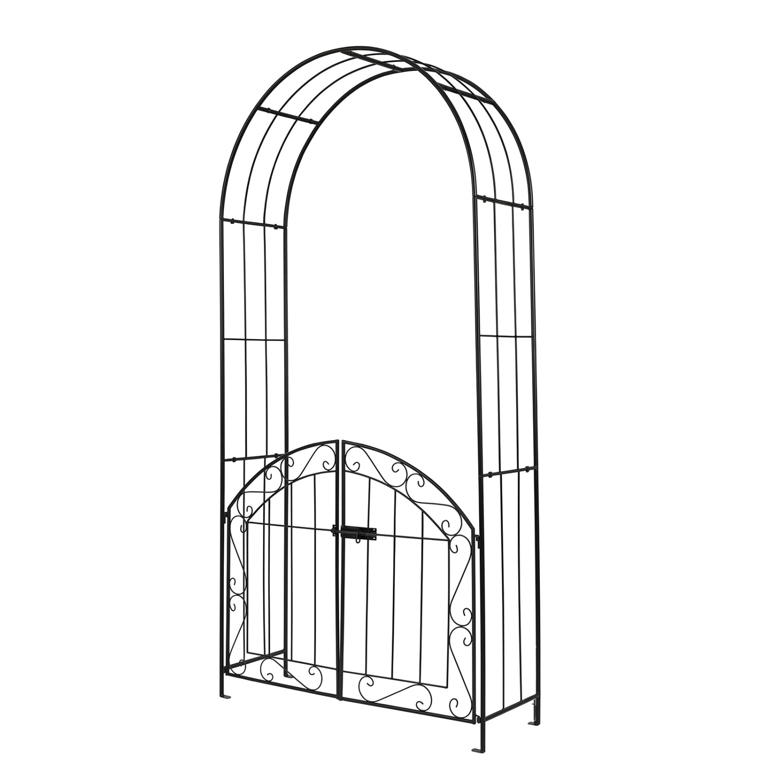Black heavy-duty metal garden arch with gate and safety latch, outdoor garden arbor by Wilsons Home Store