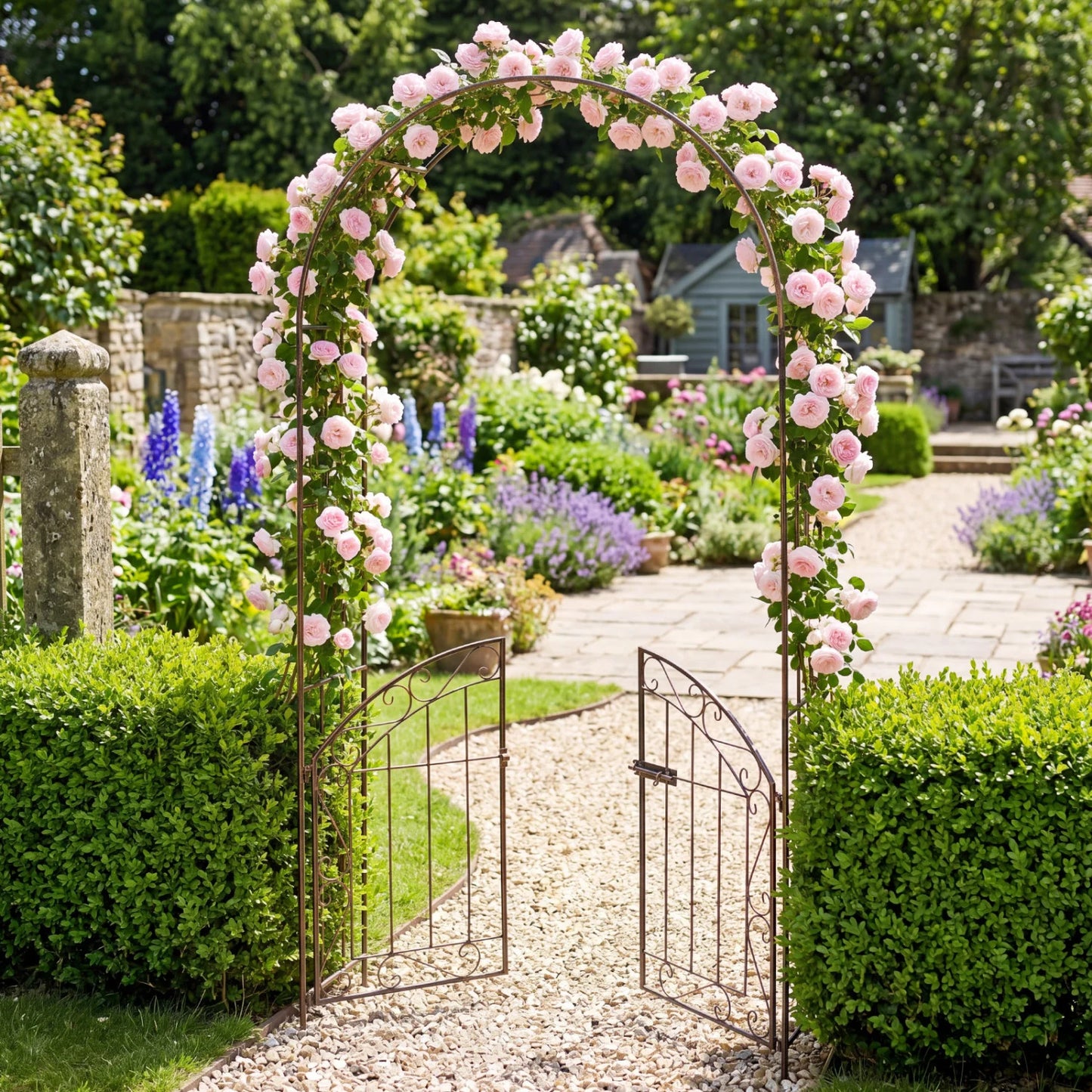 Heavy-duty black metal garden arch with gate and safety latch, ideal for outdoor garden arbors, durable and stylish.