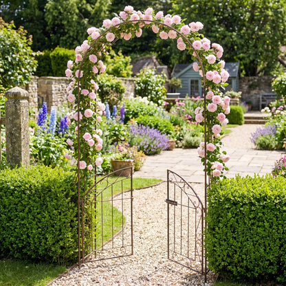 Heavy-duty black metal garden arch with gate and safety latch, ideal for outdoor garden arbors, durable and stylish.