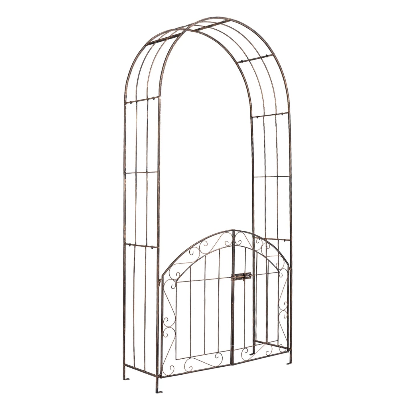 Black heavy-duty metal garden arch with gate and safety latch, ideal for outdoor garden arbors.