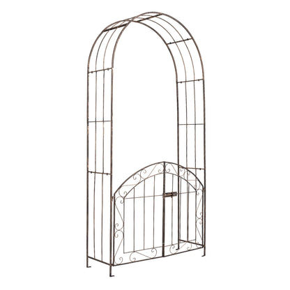 Black heavy-duty metal garden arch with gate and safety latch, ideal for outdoor garden arbors.
