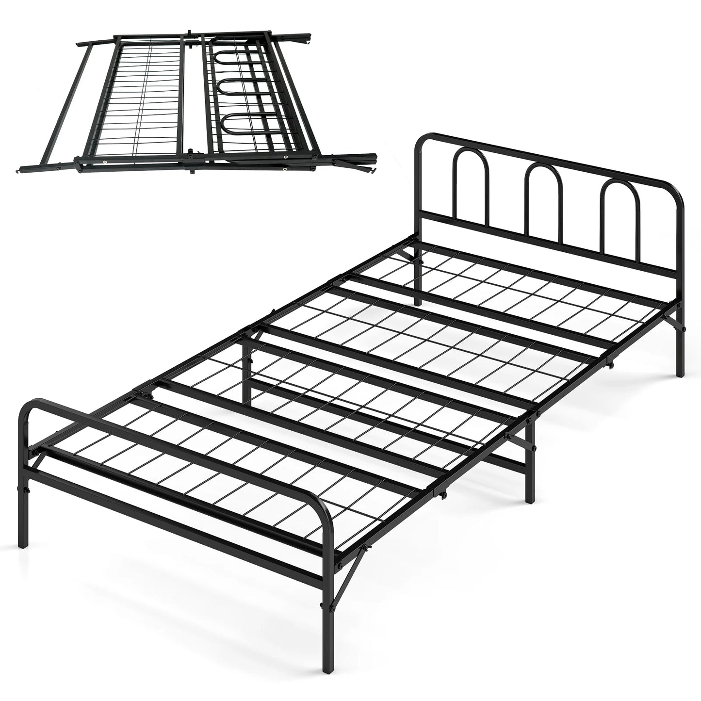 Heavy Duty Metal Twin Foldable Bed Frame with Headboard & Footboard-Black