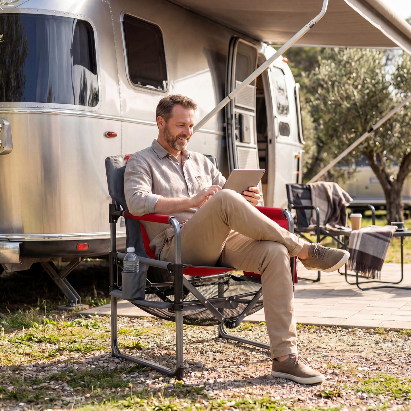Heavy-duty red outdoor camping chair with cup holder and side pocket, ideal for camping and outdoor activities.