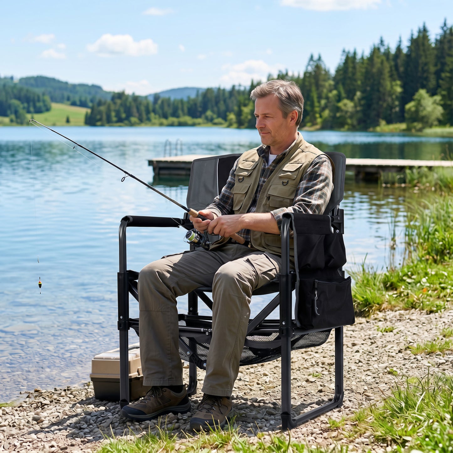Black heavy-duty outdoor camping chair with cup holder and bottle opener, durable camping furniture by Wilsons Home Store