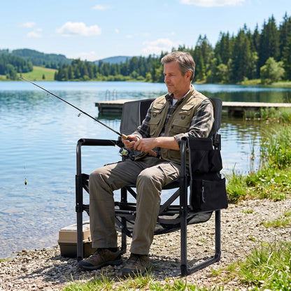 Black heavy-duty outdoor camping chair with cup holder and bottle opener, durable camping furniture by Wilsons Home Store