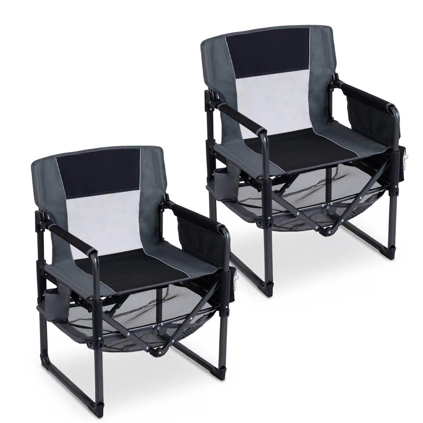 Black heavy-duty outdoor camping chair with cup holder and bottle opener, sturdy camping furniture for outdoor adventures.